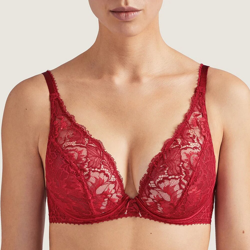 AUBADE Aube Amoureuse Comfort Plunge Triangle Bra in Rouge Amour Red Sz 30E NWT